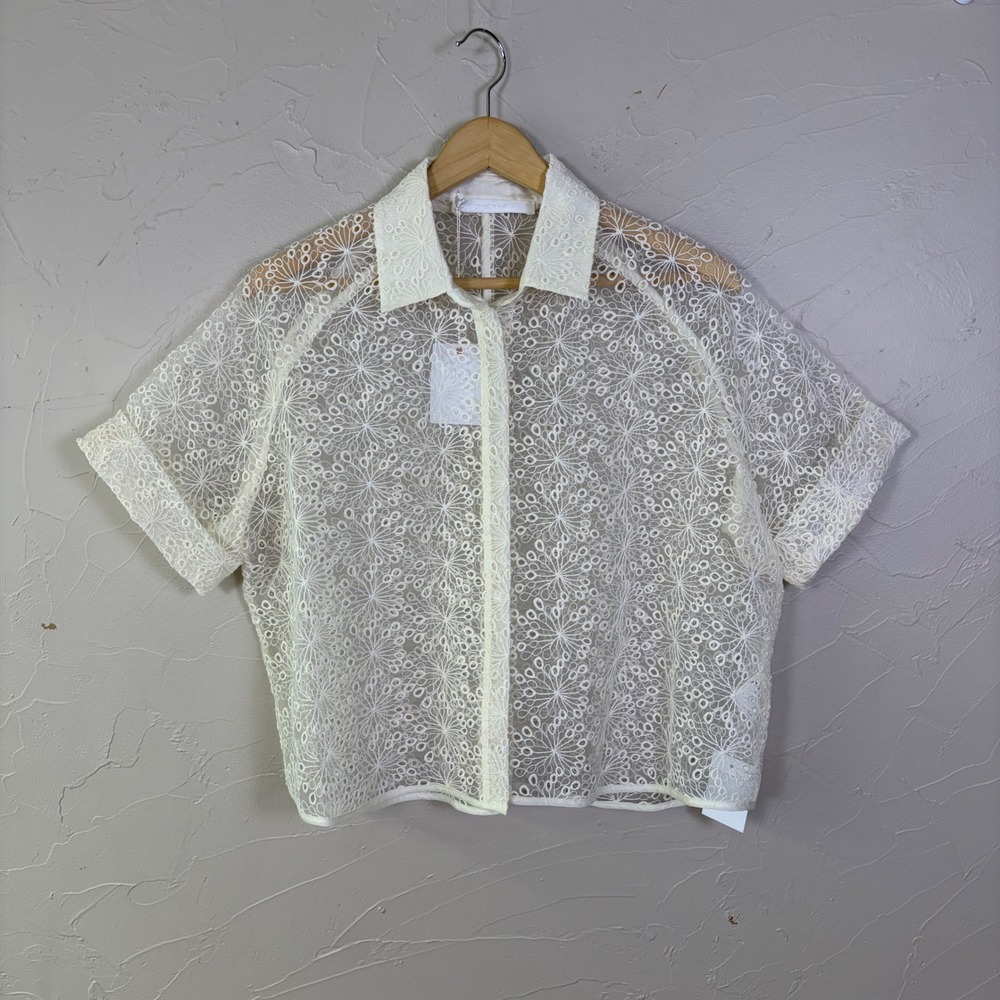 Love Binetti Sofie Top Women Small Ivory Sheer Lace Floral Boxy Button Up Boho